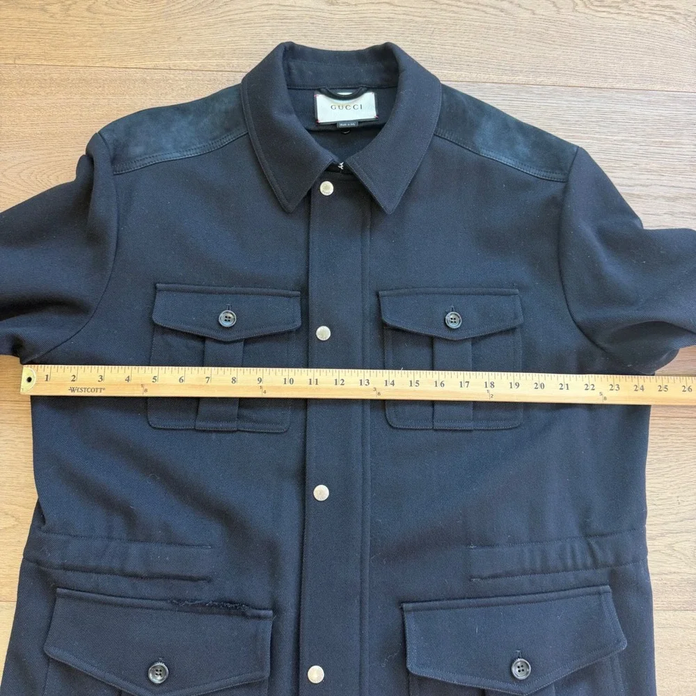 Gucci Mens Black Suede Trim Field Jacket Utility Coat IT 56 Made in Italy